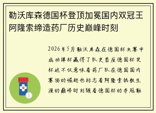 勒沃库森德国杯登顶加冕国内双冠王阿隆索缔造药厂历史巅峰时刻